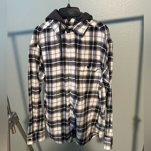 American Eagle Outfitters Black and White Plaid Flannel Shirt with Hood
